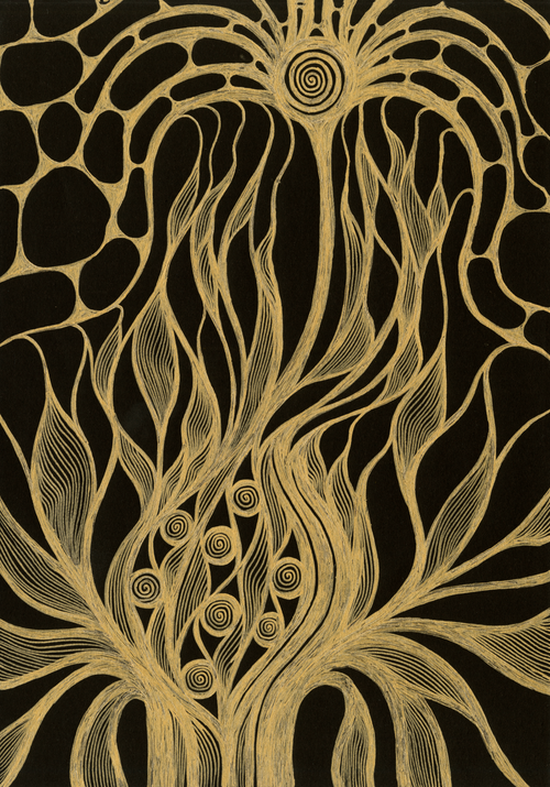 An abstract botanical artwork featuring intricate golden tree-like forms and circular spiral details on a solid black background.