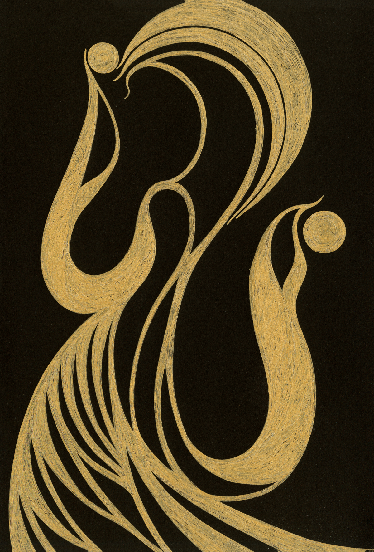 Abstract art print featuring flowing, organic gold lines and circular forms on a solid black background.