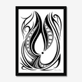A framed black and white art print featuring an abstract tribal-inspired teardrop design with flowing lines and geometric patterns, shown against a light gray background.