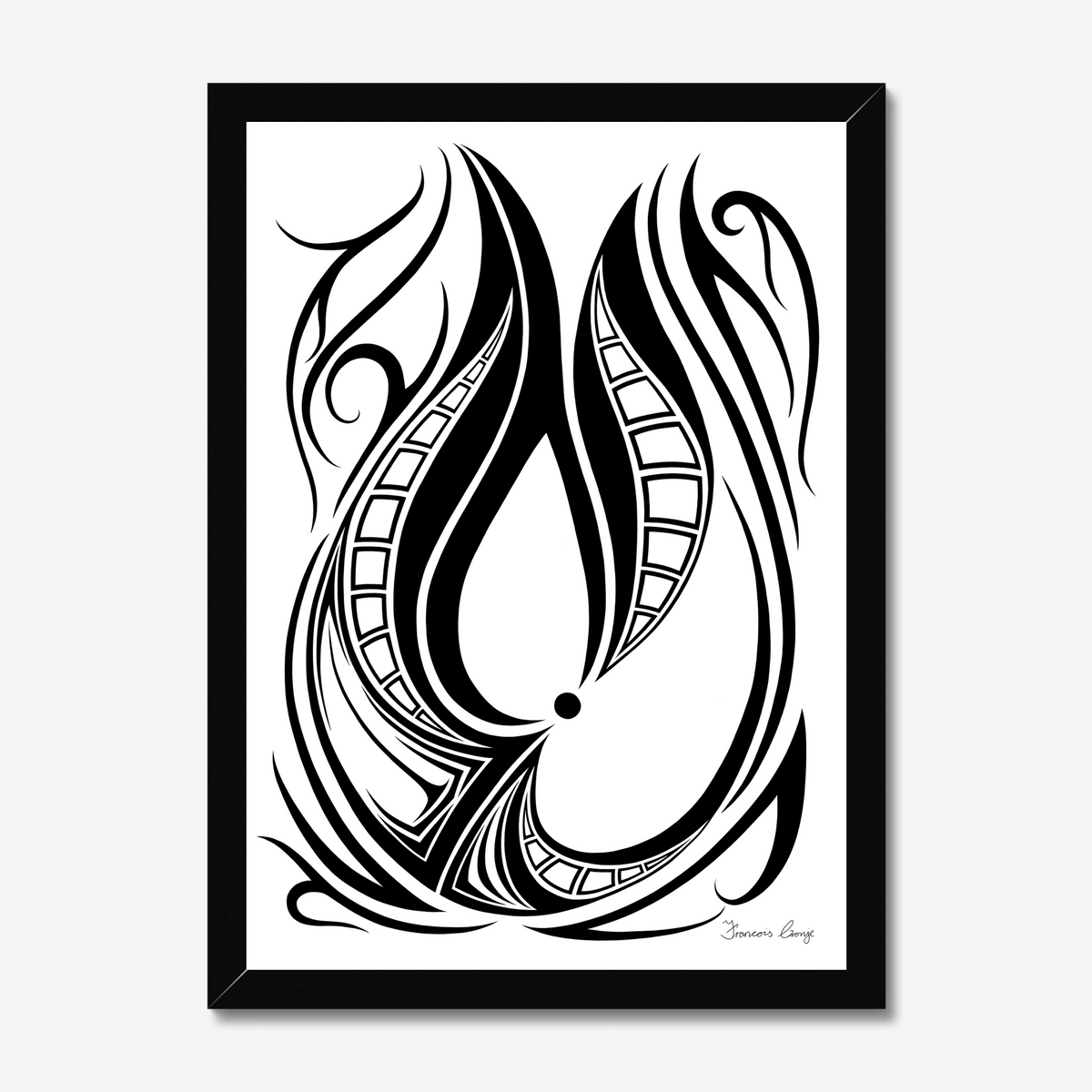 A framed black and white art print featuring an abstract tribal-inspired teardrop design with flowing lines and geometric patterns, shown against a light gray background.