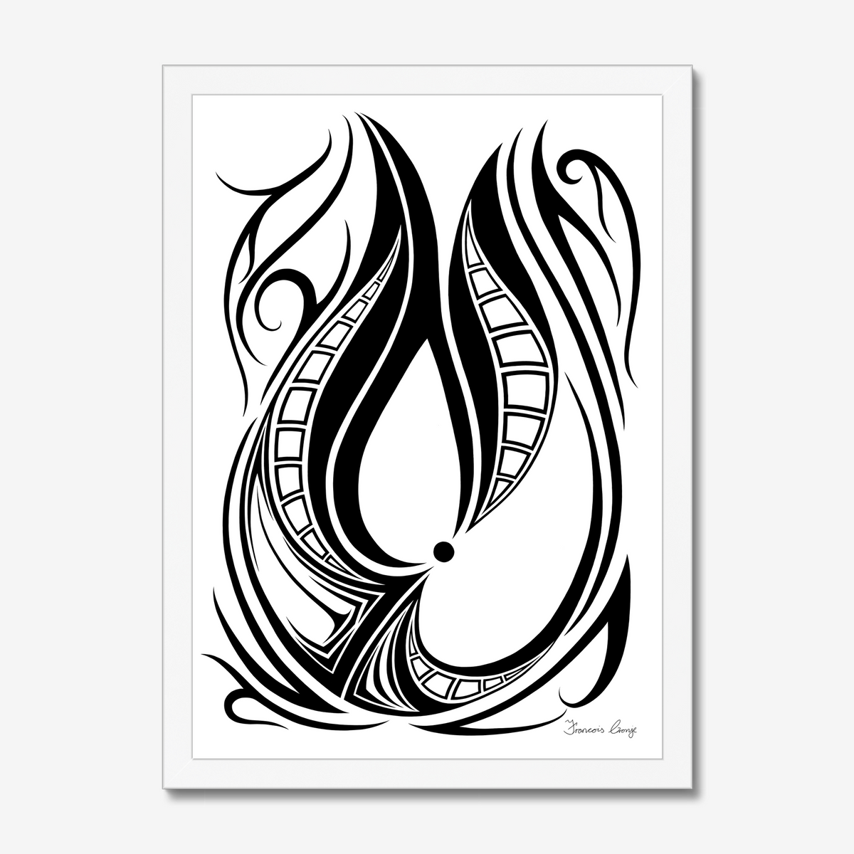 A framed black and white abstract art print featuring a stylized, tribal-inspired teardrop or flame-like motif with flowing lines and geometric patterns, shown against a light gray background.